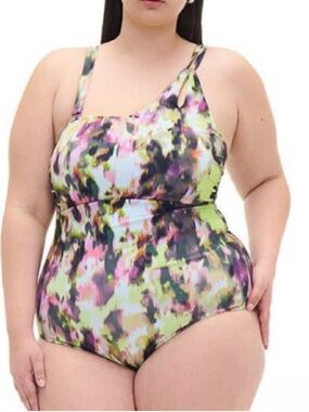 Addition Elle One Piece Swim Suit in Multicolor (Green, Purple, Black) 3X/4X